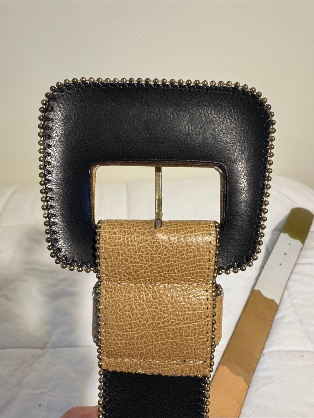 Vintage Sandy Duftler Designs 1999 Wide Leather Statement Belt Tan White Olive - Picture 8 of 10